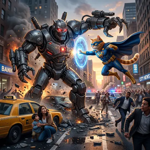 Cat Superhero Saving Citizens from Attacking Robot