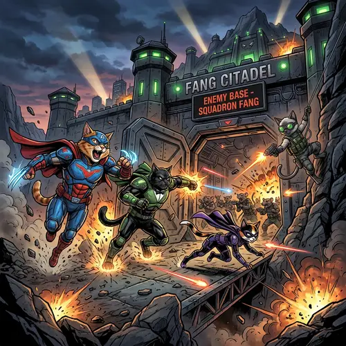 Cat Superheroes Storming Enemy Base