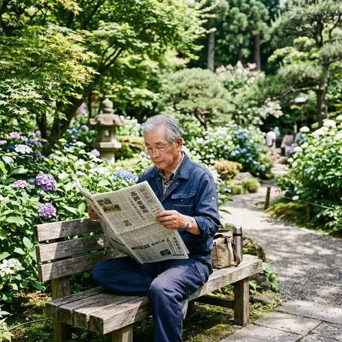 Elderly Japanese Man Reading Newspaper in Garden Park