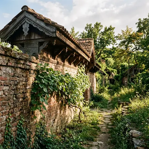 Aged Brick Wall with Vine and Traditional Wooden Roof