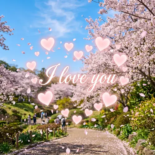 Romantic 'I Love You' Scene with Pink Hearts and Cherry Blossoms