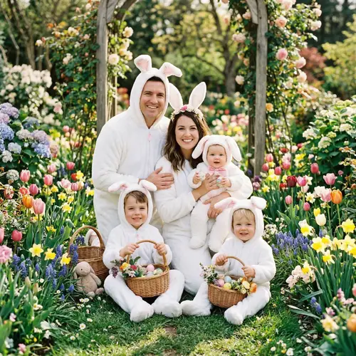 Easter Bunny Family in Flower Garden