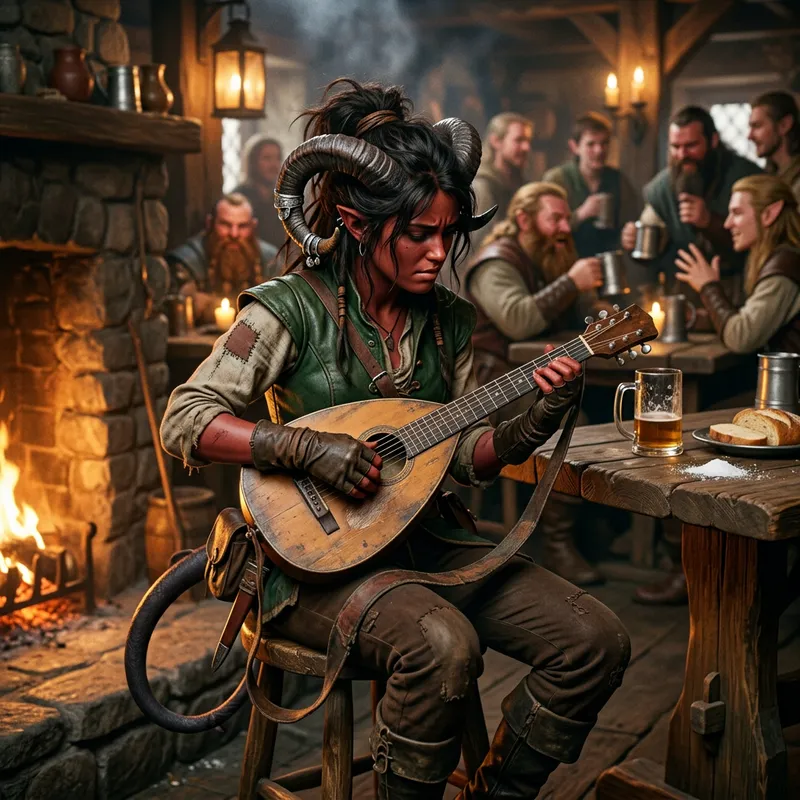 Tiefling Rogue Lute Player in Fantasy Tavern Tiefling Rogue Lute Player in Fantasy Tavern