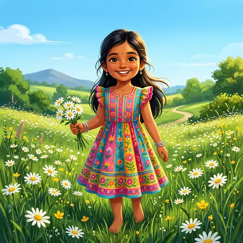 Young Indian Girl in Colorful Frock Smiling in Lush Green Meadow