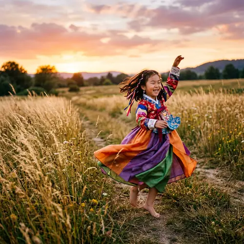 Colorful Traditional Clothing Dance in Sunset Field