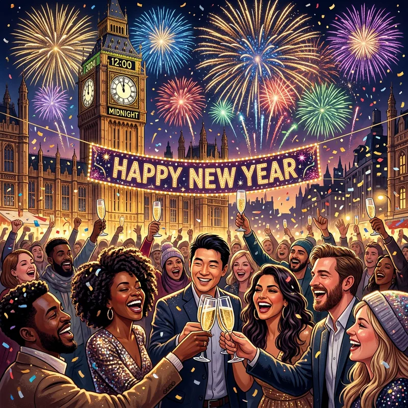 Happy New Year Wishes - Celebrate with Midnight Clock Striking