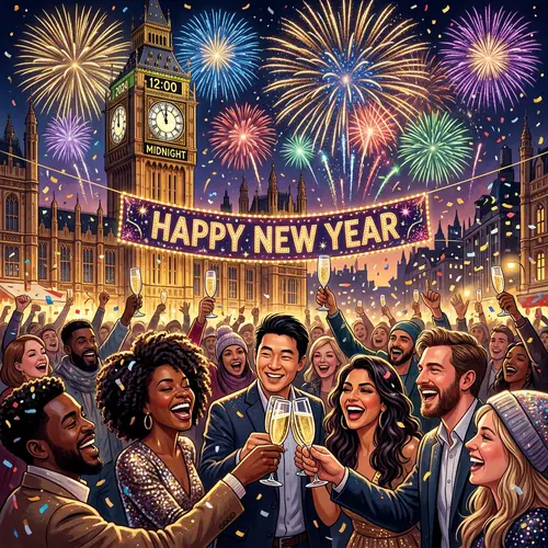 Grand New Year's Celebration with Clock Striking Midnight