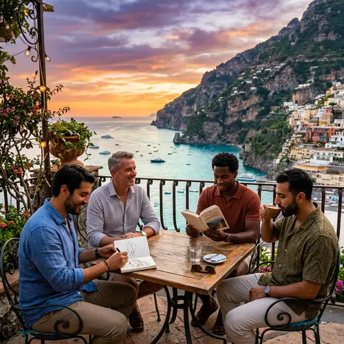 Diverse Men Enjoying Day on Amalfi Coast