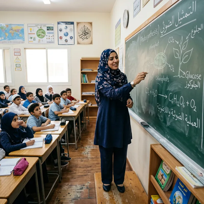 Veiled Teacher in Classroom with Whiteboard