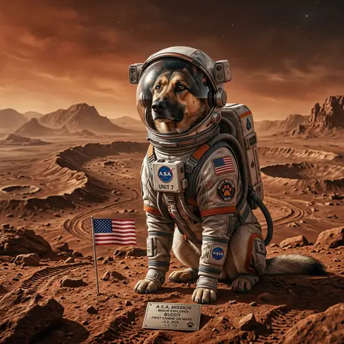 Brave Canine Astronaut in Durable Space Suit on Martian Mission