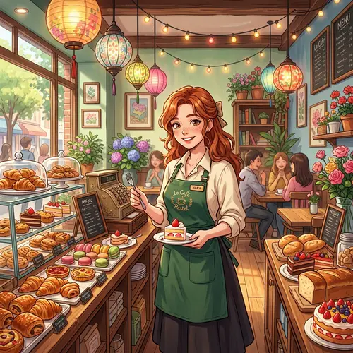Anime-Inspired Café Scene with Delicious Pastries and Friendly Service