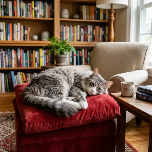 Fluffy Domestic Cat Lounging on Soft Plush Cushion