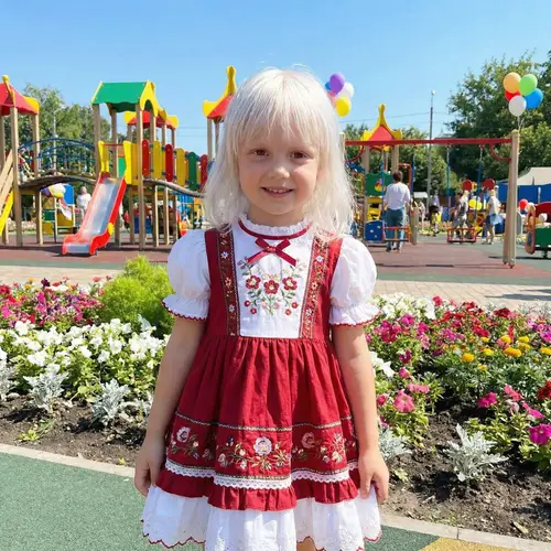 Adorable Little Girl with White Hair and Red Eyes in Bright Setting