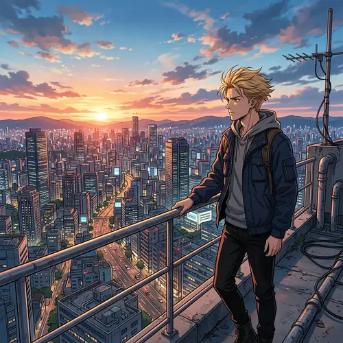 Anime Style Short-Haired Blond Man on Roof Looking into Distance