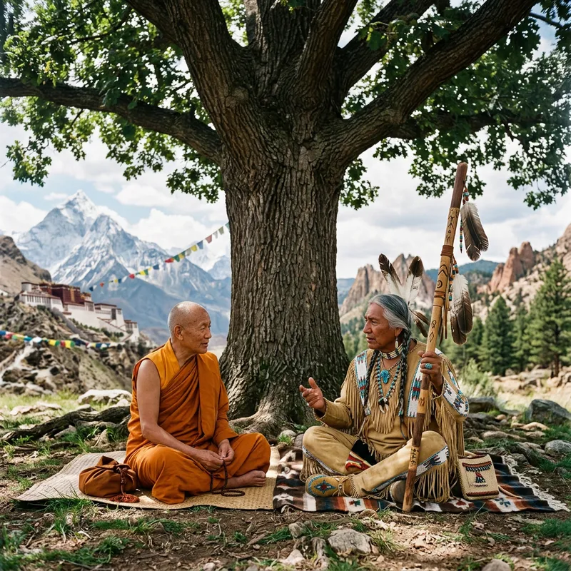 Buddhist Monk Engaging in Dialogue with Native American Buddhist Monk Engaging in Dialogue with Native American