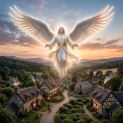Ethereal Archangel Soaring Over Rustic Village
