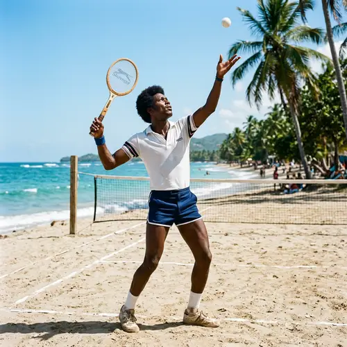 Tennis Player in Haiti 1980: Serving on Beach