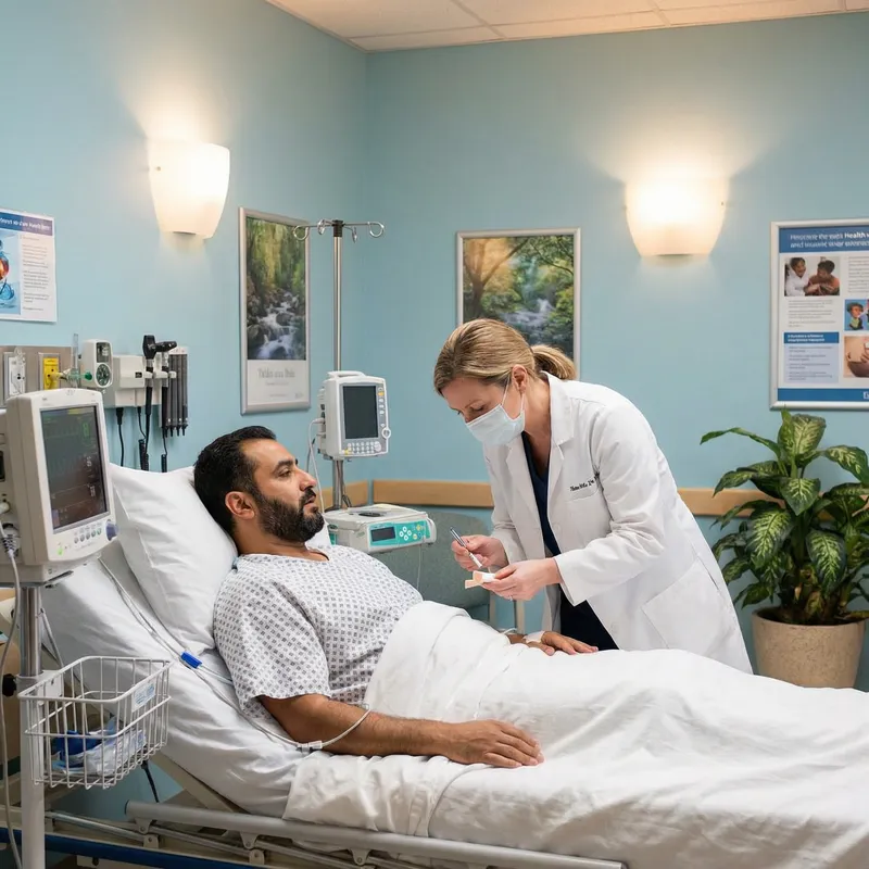 Caring Caucasian Doctor Performing Medical Procedure in Hospital Bed Caring Caucasian Doctor Performing Medical Procedure in Hospital Bed