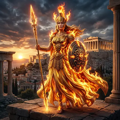 Goddess Athena in Golden Fire Dress