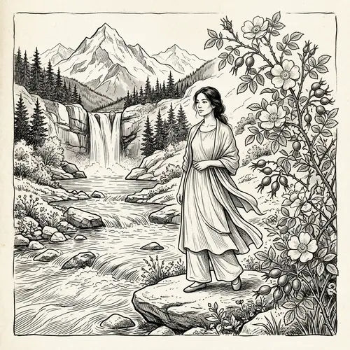 Botanical Ink Drawings of Beautiful Woman by Mountain River