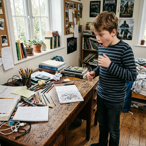 Surprised Teen Boy in Chaotic Room with Desk and Sunlight