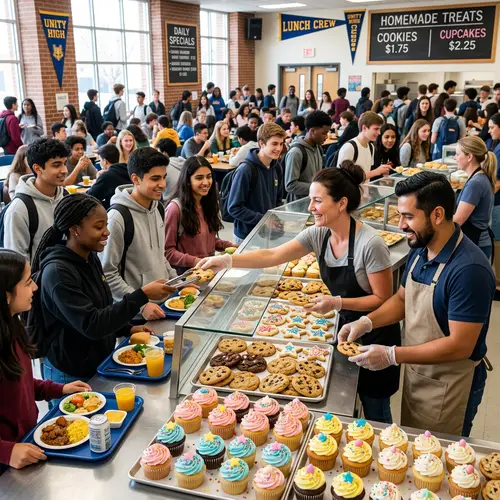 Lively School Canteen: Diverse Students & Homemade Treats