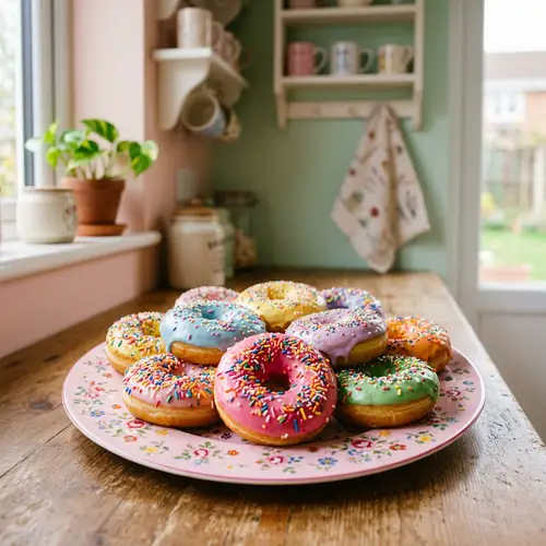 Colorful Glazed Donuts with Sprinkles on Pink Plate