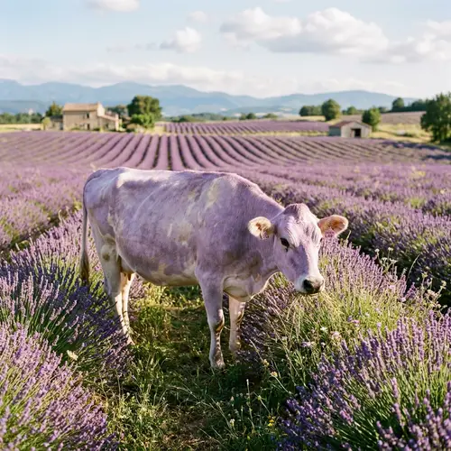 Lavender-Colored Cow with Blooming Flowers