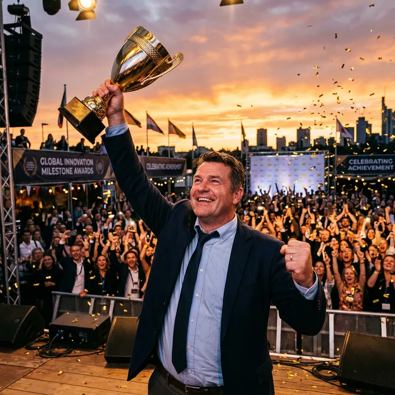 Triumphant Man Lifts Golden Trophy At Sunset