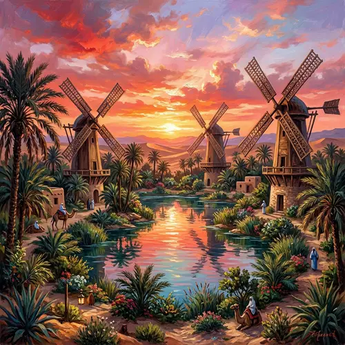Serene Oasis Sunset Painting with Windmills - Tranquil Nature Scene