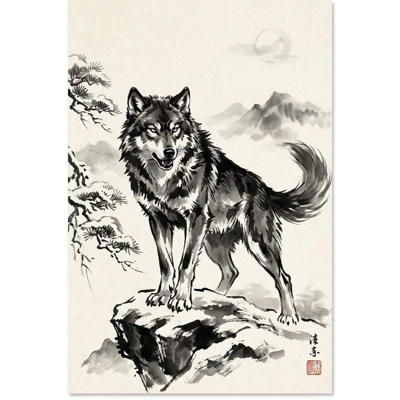 Dynamic and Powerful Wolf in Traditional Japanese Ink Art