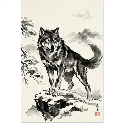 Dynamic Fierce Wolf: Traditional Japanese Ink Painting