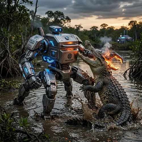 Futuristic Grill Battles Crocodile: A Unique Showdown
