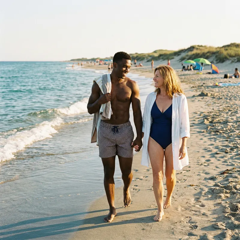 Muscular Man & Mature Woman at the Beach