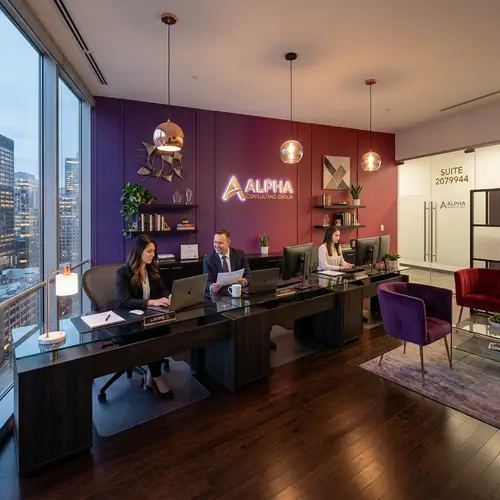 Modern Consulting Space for 3 Staff - Purple & Red Design