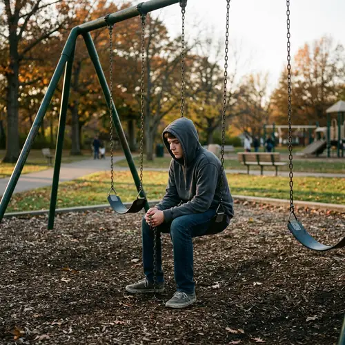 Hooded Boy on Swing: Reflecting on the Future