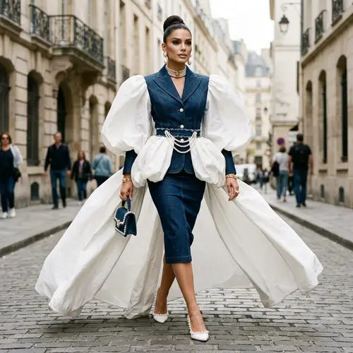 Elegant Denim & Silk Suit with Pearls & Puffy Cape