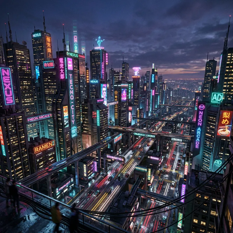 Futuristic Cyberpunk Cityscape at Dusk - Vibrant Neon Skyscrapers