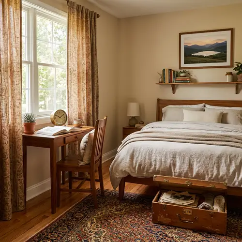 Cozy Room Décor with Table, Chair, Bed, and Shelf