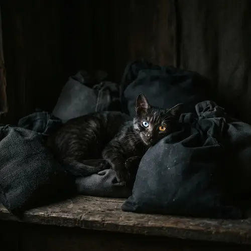 Minimalist Image of a Friendly Cat with Heterochromatic Eyes in Dark Tones