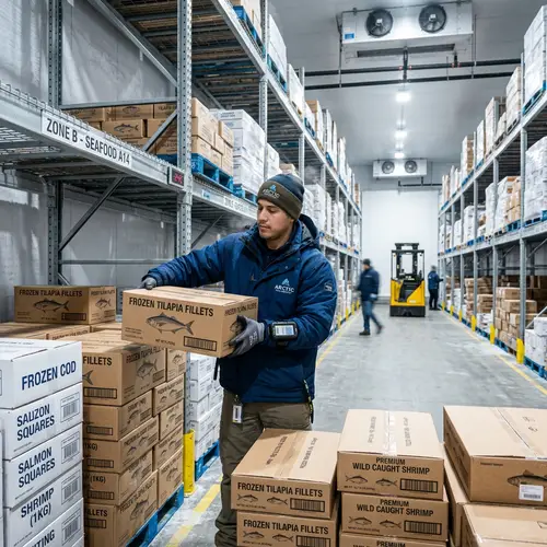 Cold Storage Room with Warehouse Worker Arranging Fish and Shrimp