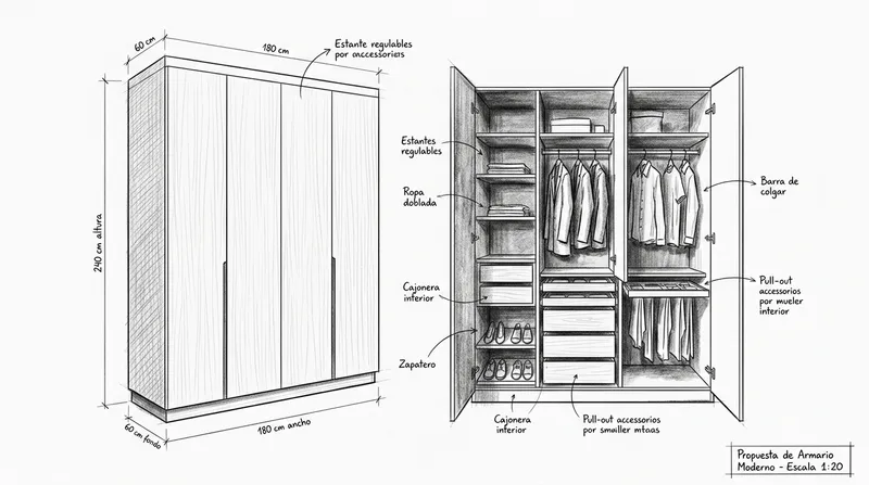 Modern Architectural Sketch of a Minimalist Wardrobe