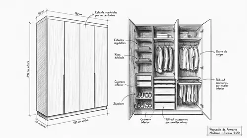 Modern Architectural Sketch of a Minimalist Wardrobe