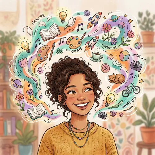 Joyful Mixed Ethnicity Female Surrounded by Imaginative Thoughts