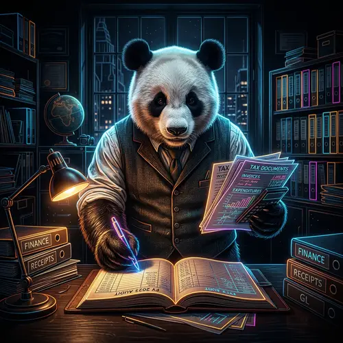 Hyperrealistic Panda Accountant: Bright Neon Contours | Dark Shot
