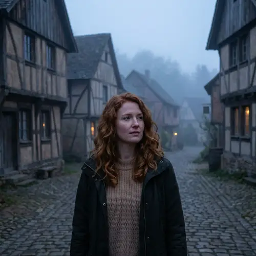 25-Year-Old Woman Resembling Red-Haired Actress in Misty Village Scene