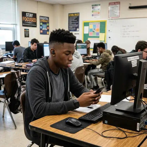 Jimy with Black Hair and Airpods Holding iPhone in Classroom