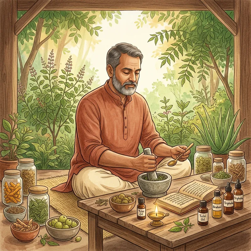 Tranquil Ayurvedic Illustration: Healing Herbs & Meditative Practices Tranquil Ayurvedic Illustration: Healing Herbs & Meditative Practices