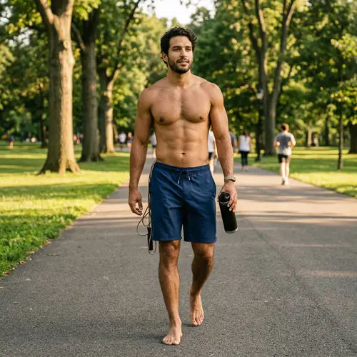 Muscular Dark-Haired Hispanic Man in Blue Shorts