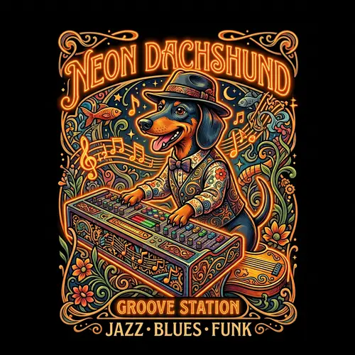 Cartoon Dachshund Musician Playing Keyboard in Bold Art Nouveau Style